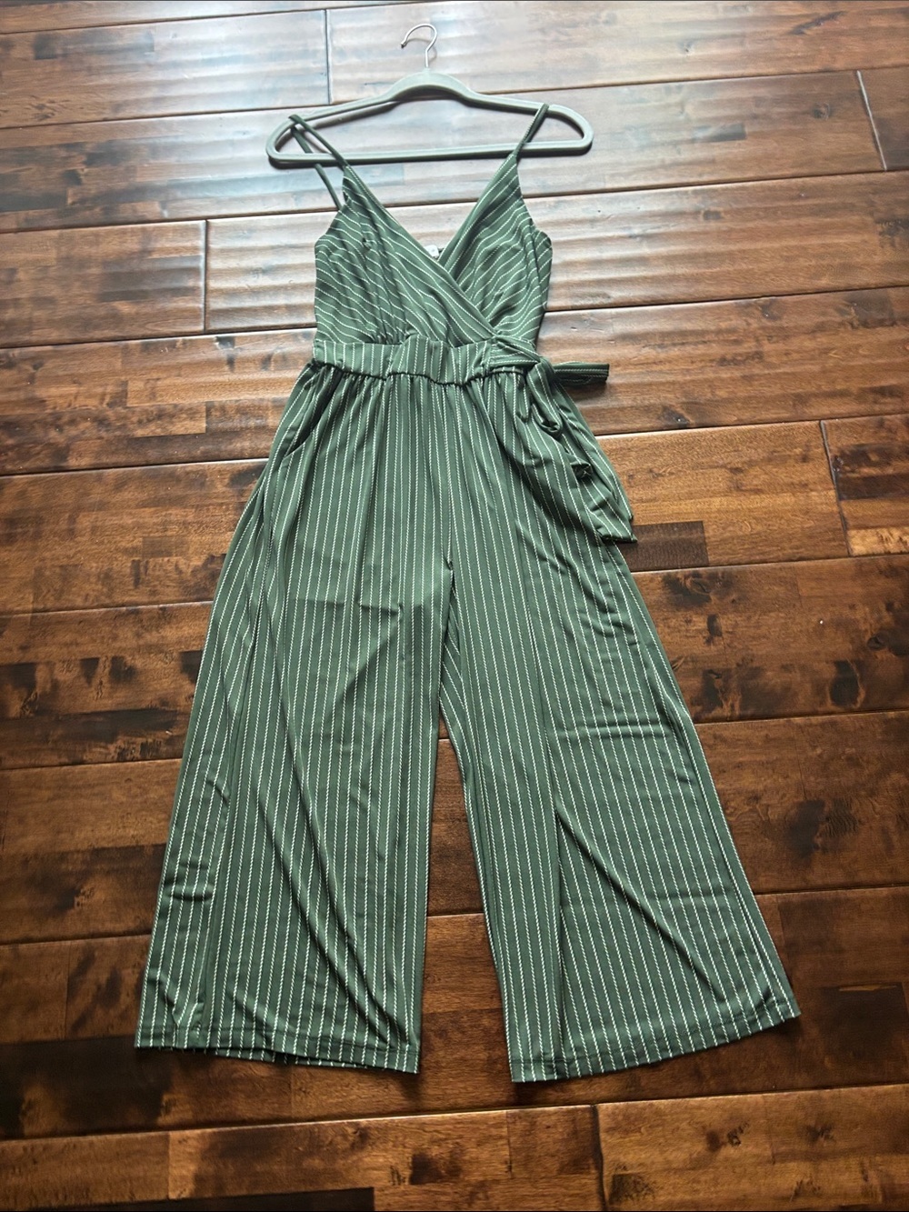 Kaileigh Olive Green Striped Wrap Jumpsuit